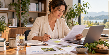 Woman reviewing formulation documents at a desk with a laptop and plants