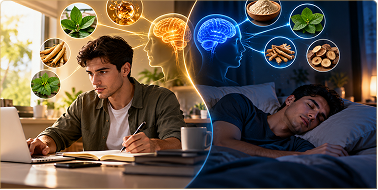 Researcher reviewing studies on a laptop beside a sleeping person, with ingredient and brain graphics