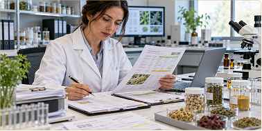 Scientist in a lab coat reviewing quality documentation in a laboratory